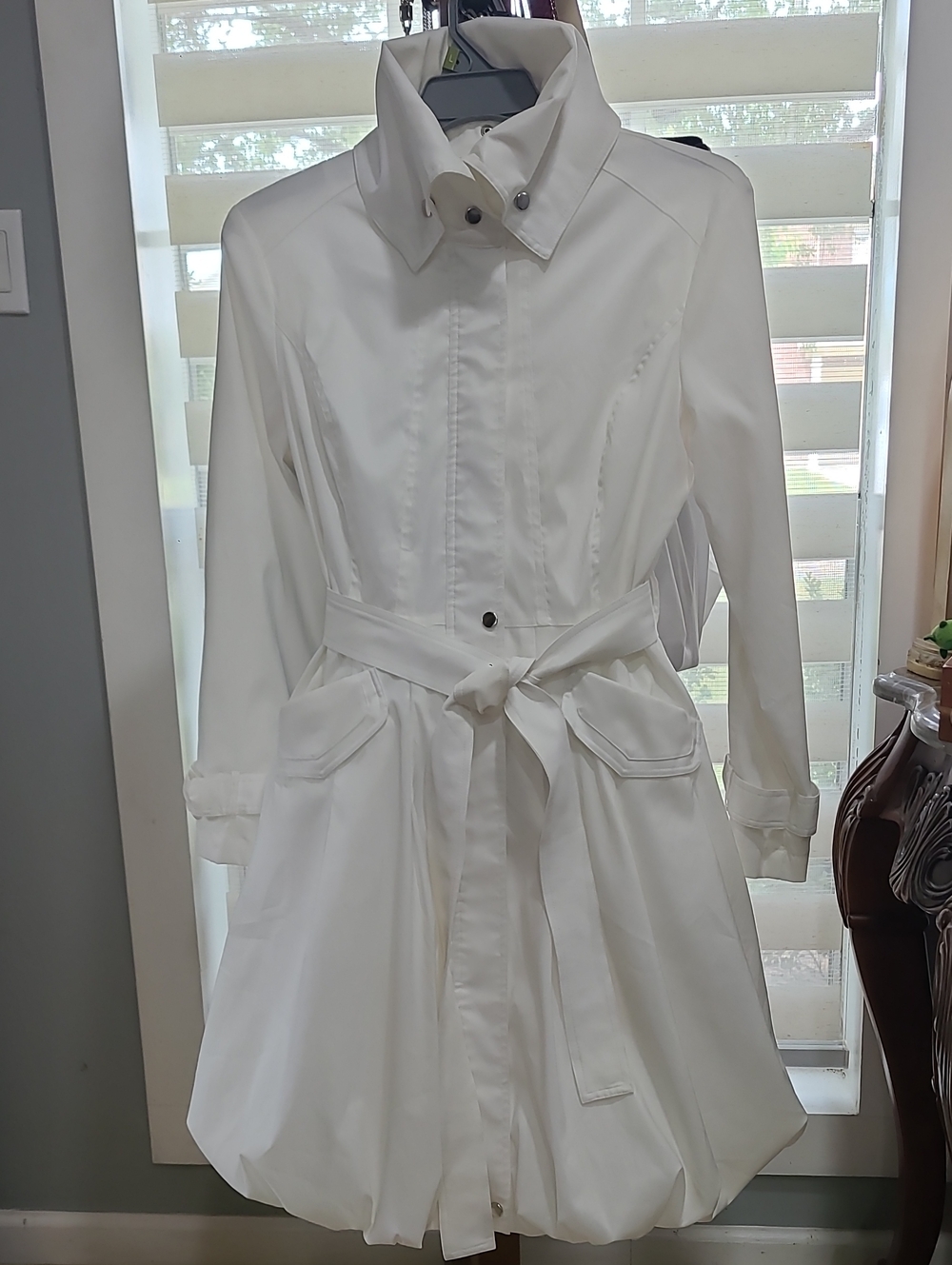 Samuel Dong Bubble Trench Coat White Long-Sleeve Dress.